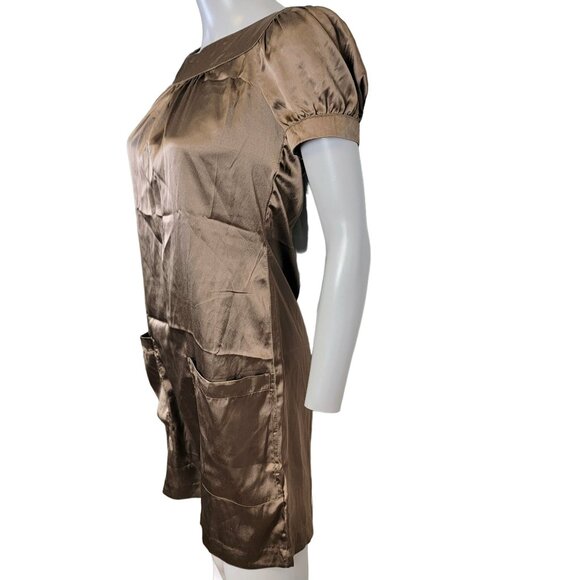 Vintage 90s Satin A-line Mini Dress Women Small Brown Pockets Soft 4 6 S Boho S - Picture 5 of 14